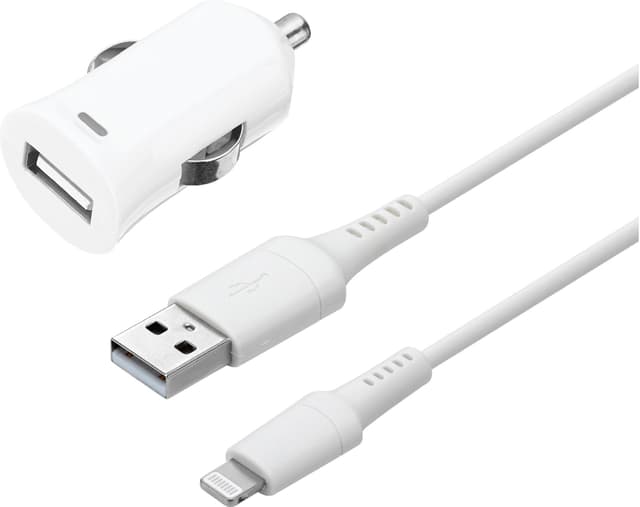 Sandstrøm USB-A biloplader med Lightning-kabel 1 m (hvid)