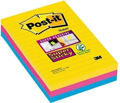 3M Post-it Super Sticky beskedklistermærke, foret, 101 x 152 mm. 3 stk