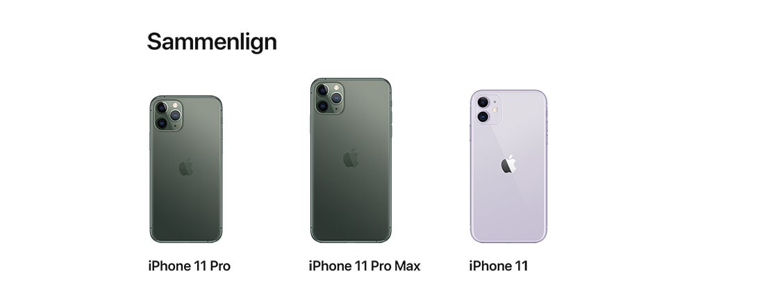 iPhone 11 sammenlignes med iPhone 11 Pro og iPhone 11 Pro Max 