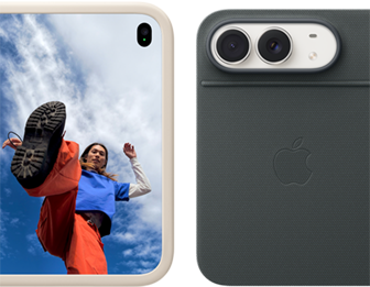 iPhone Duo i farven stjerneskær med sandfarvet silikonecover, vandret position, helt åbnet, Fusion-dobbeltkameraer øverst til venstre, coveret dækker bagsiden og yderkanten af yderskærmen, højre side viser yderskærmen med et portræt af en person. Stjernehvid iPhone Duo, opstillet med marineblåt Folio med støttefod, helt åbnet i vandret position, bagsiden viser de to 48 MP Fusion-bagsidekameraer, to objektiver