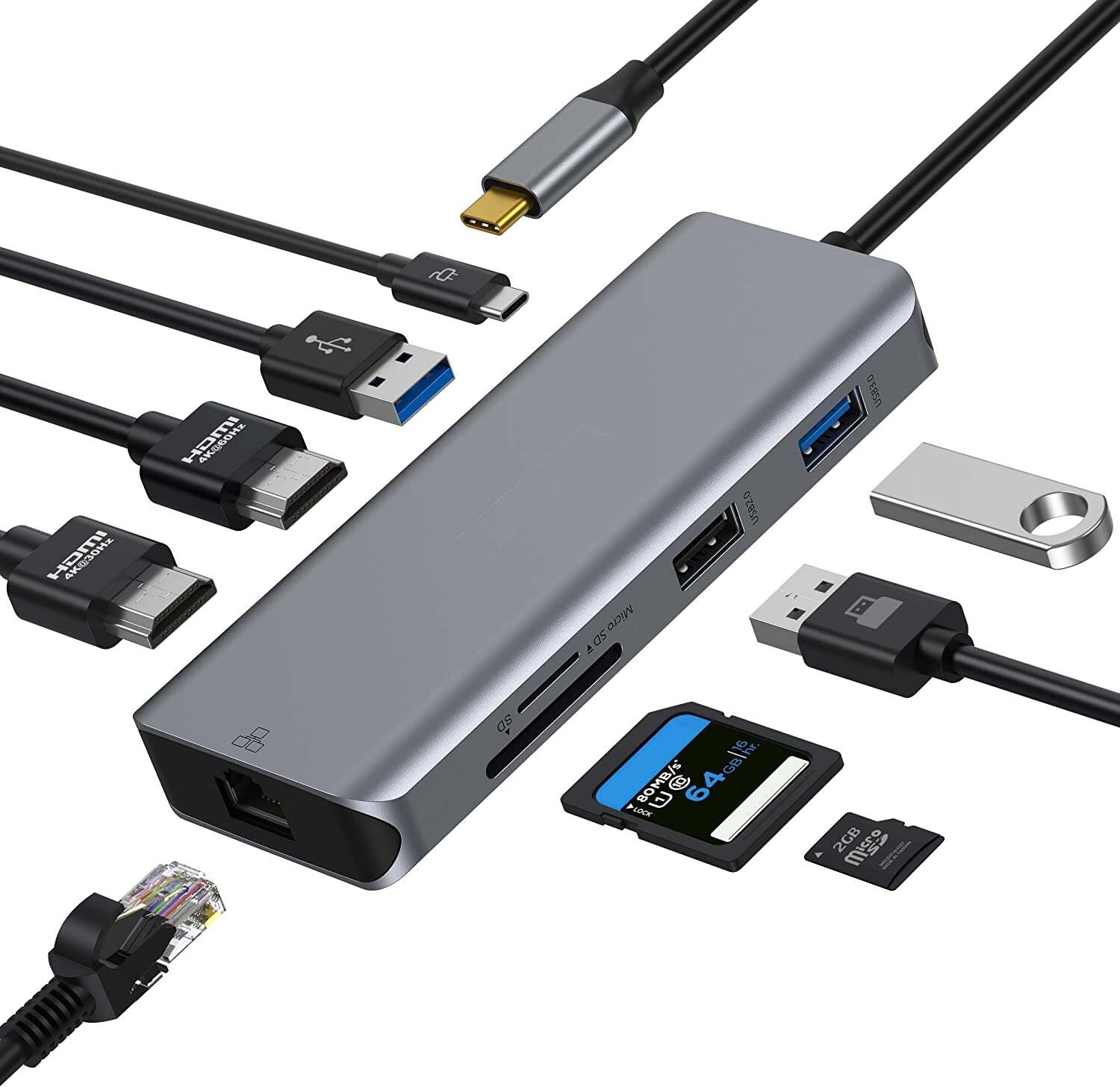 NÖRDIC 1 til 9 USB-C Docking Station HDMI 4K 60Hz, 1xUSB-C PD87W 3XUSB A 1XRJ45 2XSD MicroSD Card Reader Space Grey Dual HDMI USB-C Adapter | Elgiganten
