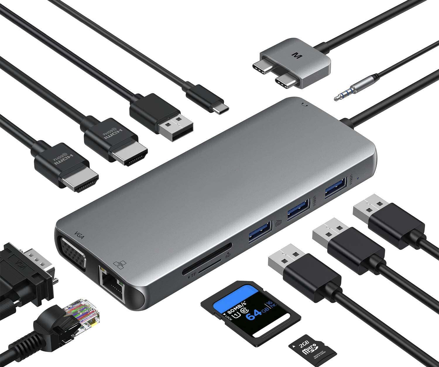 NÖRDIC Macbook Pro dockingstation 1 til 12 porte dobbelt HDMI 1xVGA 1x  USB-C PD 87W 1xRJ45 Giga 4xUSB-A 2xSD / TF 1x lyd | Elgiganten