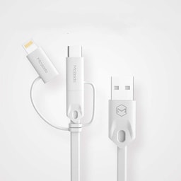 Mcdodo CA 1090, 3 i 1 USB A til USB C Lightning og Micro USB-kabel til synkronisering og hurtig opladning hvid 1m
