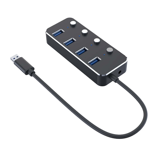 NÖRDIC drevet 4-ports hub USB 3.0 5Gbps med individuell bryter 25 cm kabel  aluminium svart med strømforsyning | Elgiganten