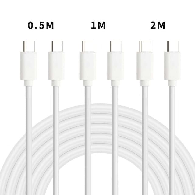 NÖRDIC kabelsæt 3 pak 0,5m + 1m + 2m USB C til C USB 2.0 480Mbps 3A hvid Android mobil og tablet