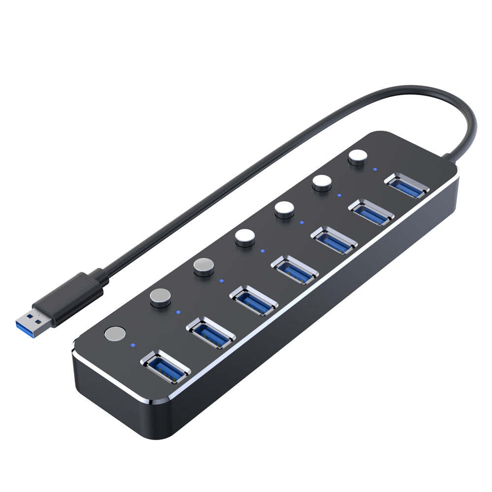 NÖRDIC strømforsynet 7-ports USB 3.0 HUB med individuel switch 5Gbps 25cm  kabel aluminium sort med strømforsyning | Elgiganten
