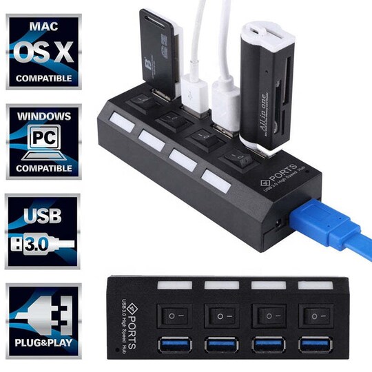 NÖRDIC 4PORT 5Gbps USB 3.0 Hub med individuelle afbrydere til hver port  Sort | Elgiganten