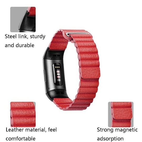 Rød rem i læder til Fitbit Charge 3/4 - large | Elgiganten