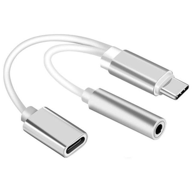 Dual Adapter USB-C til 3,5 mm jack og opladning, Sølv
