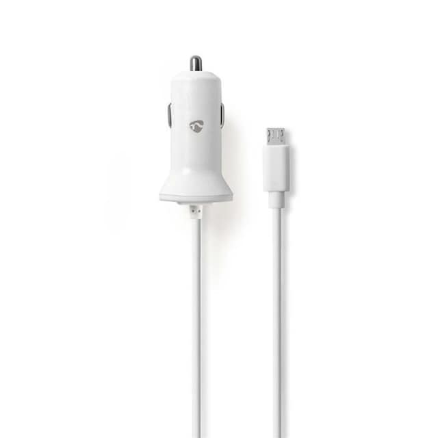 Biloplader | 2.4 A | Fast kabel | Mikro-USB | Hvid