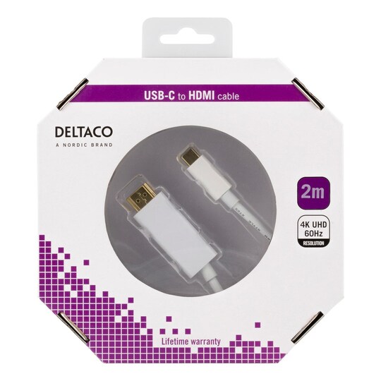 DELTACO USB-C til HDMI-kabel, 2m, 4k, HDCP 2.2, 3D, hvid | Elgiganten