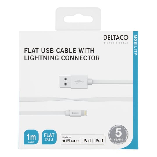 DELTACO Lightning cable, 1m, 2.4A, flat cable, MFi, white | Elgiganten