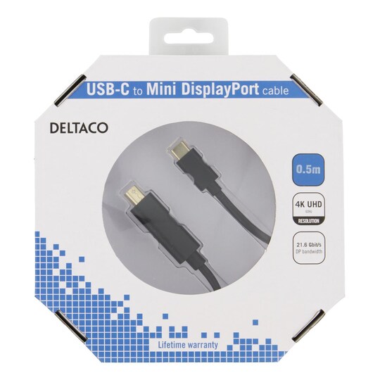 DELTACO USB-C - MiniDP kabel, 0,5m, 21,6 Gbit/s, 3840x2160 60Hz, svart |  Elgiganten