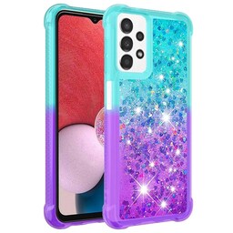 SKALO Samsung A13 4G Kvicksand Glitter Hjerter TPU Cover - Turkis-Lilla