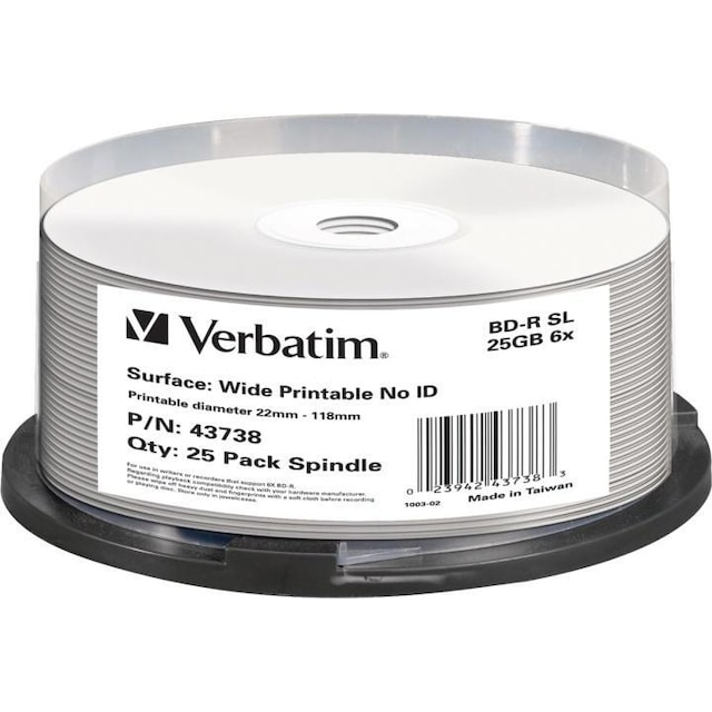 Verbatim BD-R, 6x, 25GB/200min, 25pack spindel, printbar hvid, Hard Co