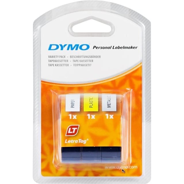 DYMO LetraTag, pakke med 3 forskellige tape, papir(hvid), plast(gul) o
