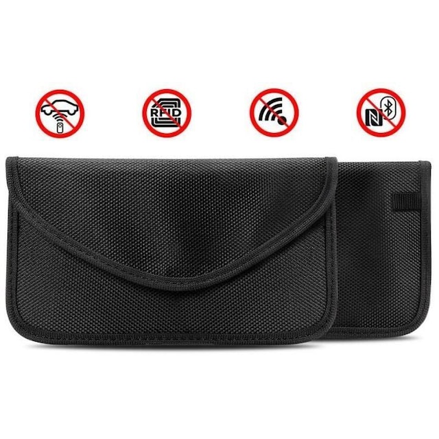 Svart taske med RFID-beskyttelse til kort, telefon, bilnøgler mv.