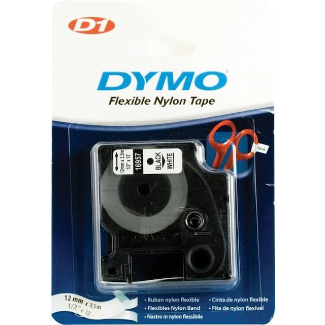 DYMO D1, markeringstape i nylon, 12 mm, sort tekst på hvid tape, 3,5