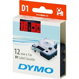 DYMO D1, markeringstape, 12mm, sort tekst på rød tape, 7m - 45017