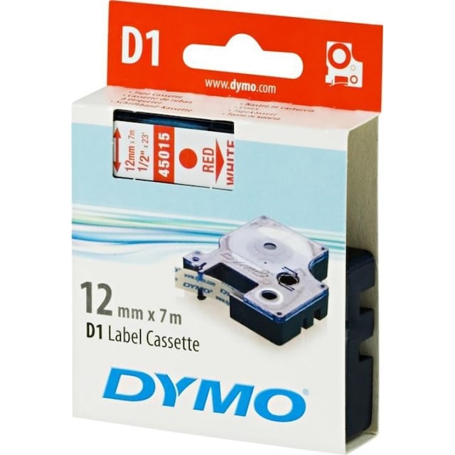DYMO D1, markeringstape, 12mm, rød tekst på hvid tape, 7m - 45015