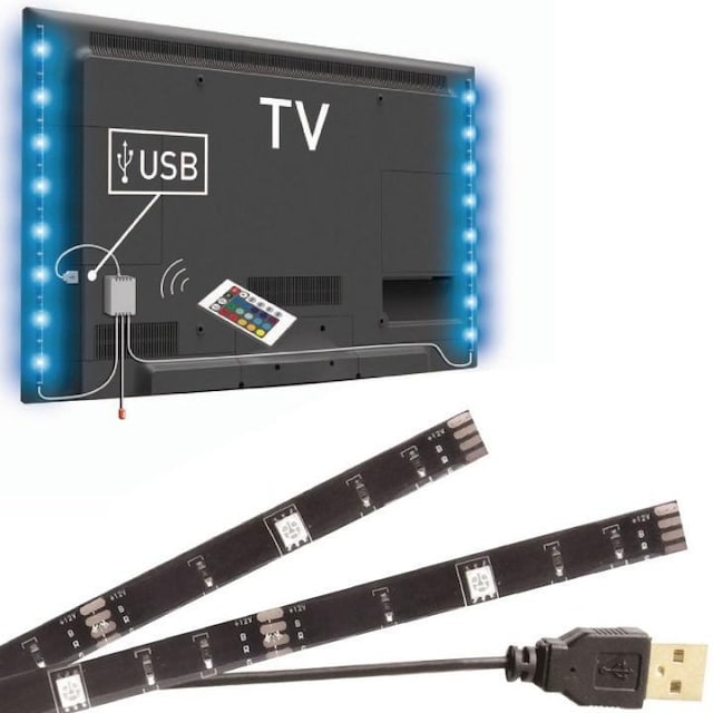 LED-strips RGB baggrundsbelysning til TV med fjernbetjening, 2x50cm