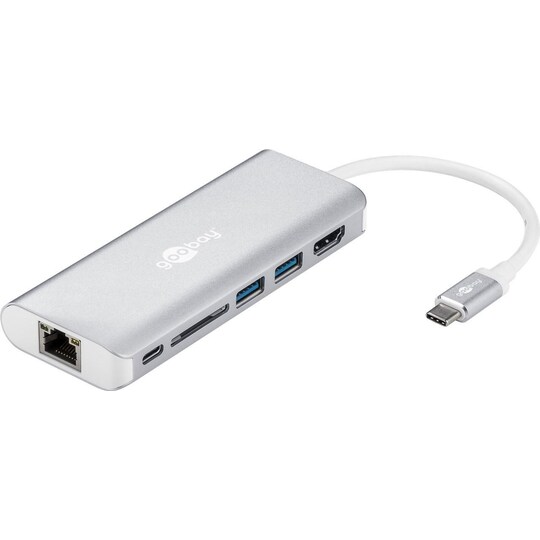 USB-C™-Multiport-adapter HDMI 4k30Hz, USB, CR, RJ45, PD, aluminium, sølv |  Elgiganten