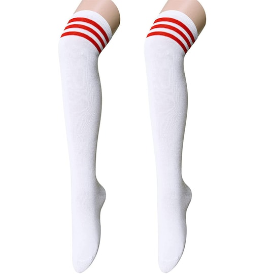 Overknee sokker hvide med røde striber L | Elgiganten