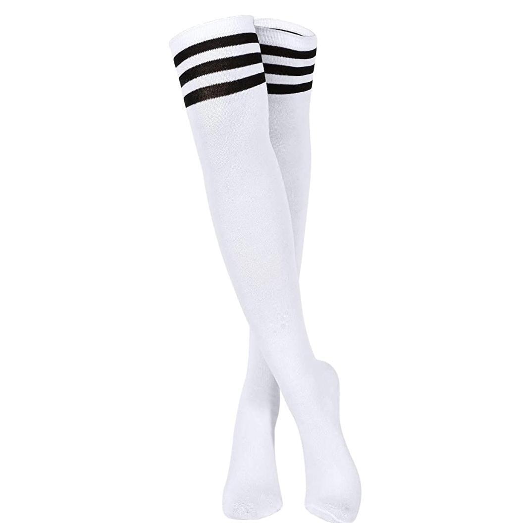 Overknee sokker hvide med sorte striber L | Elgiganten