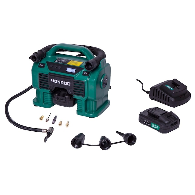 VONROC Batterikompressor 20V – 12V | Incl. 2x 2.0Ah batteri og en oplader