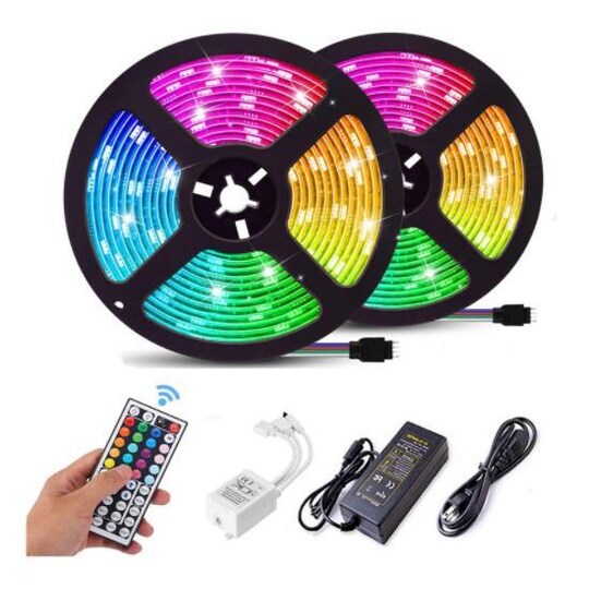 Farveskiftende LED lyssløjfe / lysbånd RGB med fjernbetjening (2 x 5 m) |  Elgiganten
