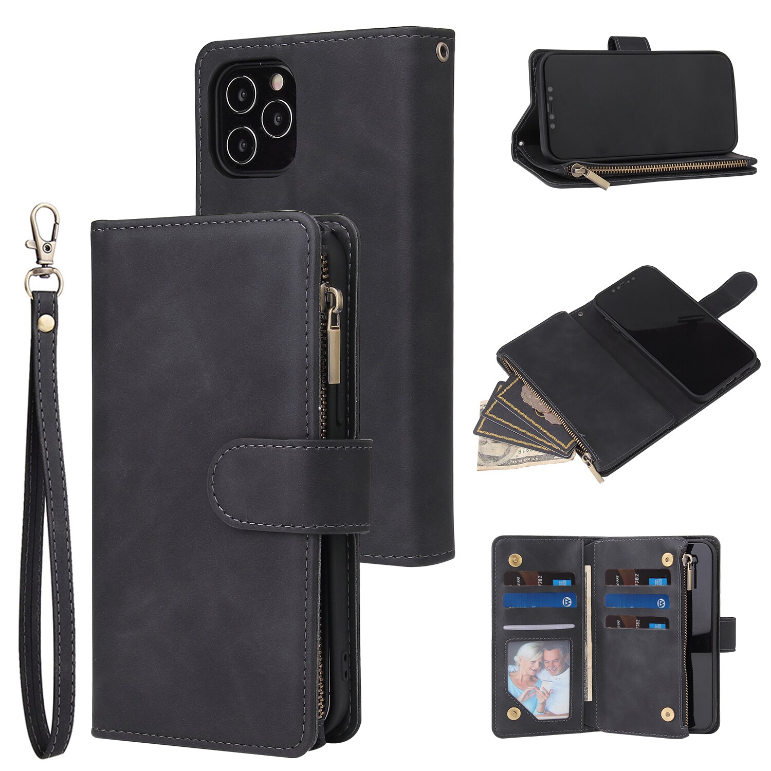 Telefontaske tegnebog med kortslot PU lynlås-flip-pung med håndledsstrop  Sort iPhone 12 Pro Max | Elgiganten