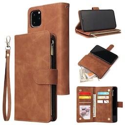 Telefon Pung Case Magnetic Flip Lanyard Strap Lynlås 9 kortholder PU læder Lysebrun iPhone 11 Pro Max