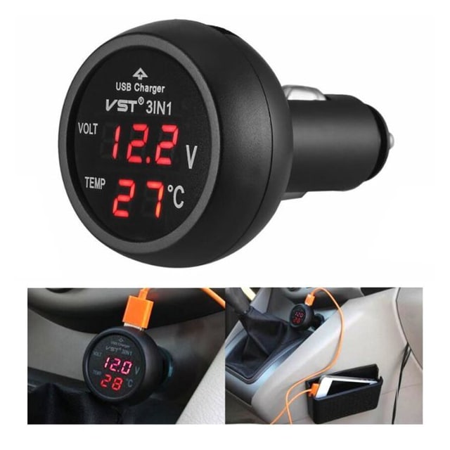 3-i-1 USB Billader med Voltmeter & Temp