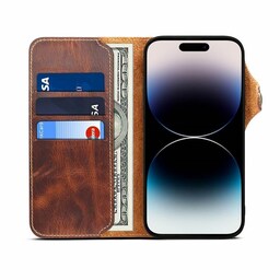 Wallet 3-kort ægte læder Apple iPhone 14 Pro - Brun