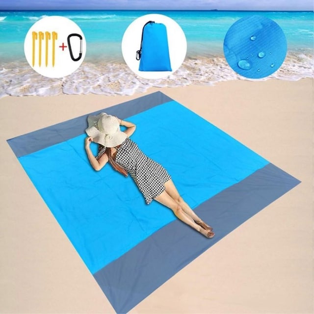 Strand tæppe 210x200cm stor sandtæt vandtæt strandmåtte - blå