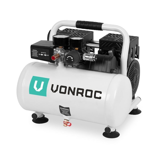 VONROC PRO Støjsvag kompressor - Oliefri - 750W - 1HP - 128 lt/min - 6 Liter - 8 bar - 57,5dB(A) - Stille - Støjsvag - Hvid