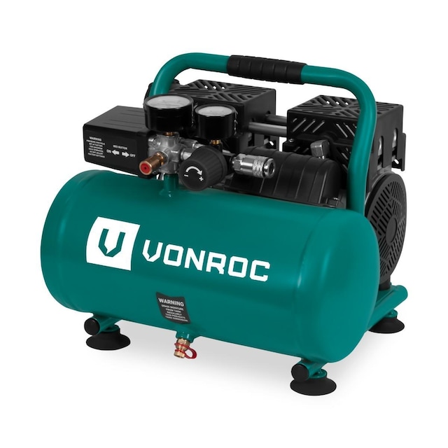 VONROC Støjsvag kompressor - Oliefri - 750W - 1HP - 128 lt/min - 6 Liter - 8 bar - 57,5dB(A) - Stille - Støjsvag - Grøn