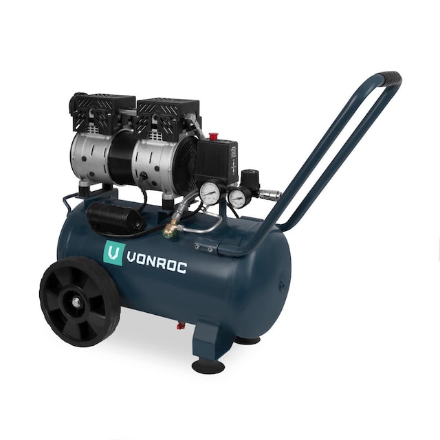 VONROC Støjsvag kompressor - Oliefri - 750W - 1HP - 128 lt/min - 24 Liter - 8 bar - 57,5dB(A) - Mørk Grå