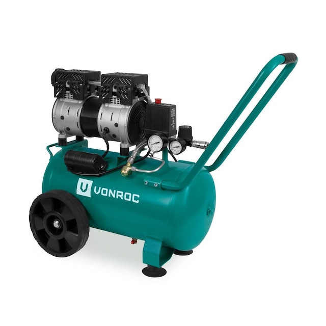 VONROC PRO Støjsvag kompressor - Oliefri - 750W - 1HP - 128 lt/min - 24 Liter - 8 bar - 57,5dB(A) - Grøn