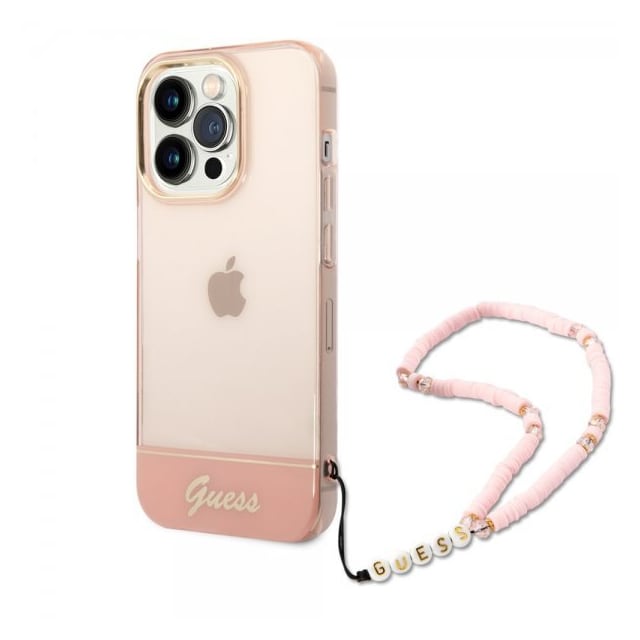Guess iPhone 14 Pro Cover Translucent with Strap Lyserød