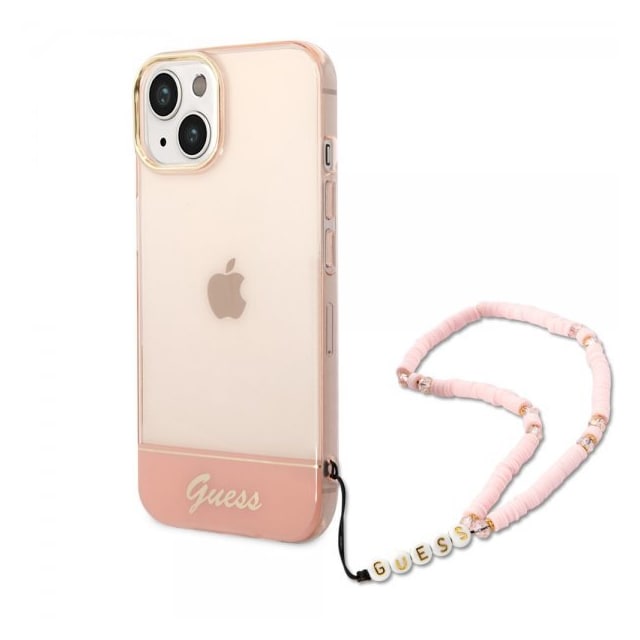 Guess iPhone 14 Plus Cover Translucent with Strap Lyserød