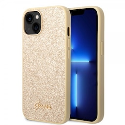 Guess iPhone 14 Plus Cover Glitter Flakes Metal Logo Guld