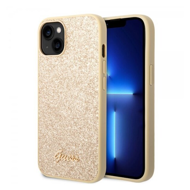 Guess iPhone 14 Plus Cover Glitter Flakes Metal Logo Guld