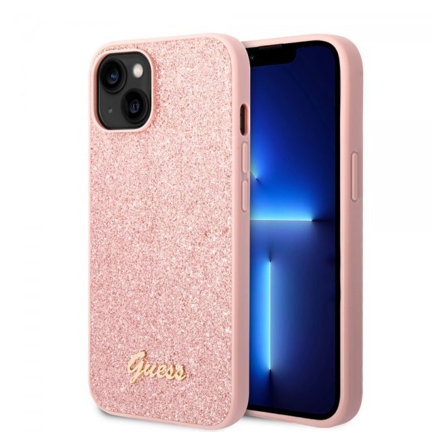 Guess iPhone 14 Plus Cover Glitter Flakes Metal Logo Lyserød