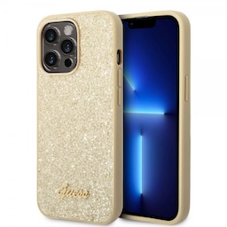 Guess iPhone 14 Pro Max Cover Glitter Flakes Metal Logo Guld