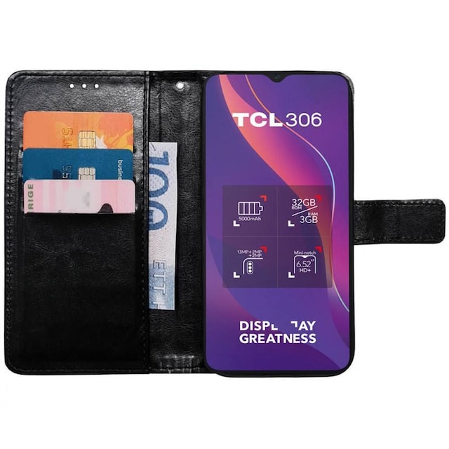 Wallet cover 3-kort TCL 306 - Sort