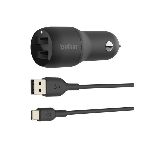 Dobbelt USB-A biloplader 24W + USB-C kabel, sort