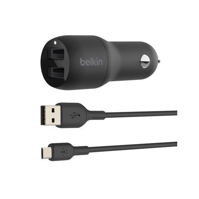 Dual USB-A Car Charger 24W w/Micro-USB Cable, Black