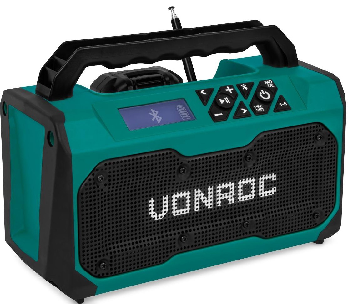 VONROC Byggepladsradio 20V - FM, bluetooth & USB - Bass reflex port  højttalere - inkl. 2.0Ah batteri og hurtigoplader | Elgiganten