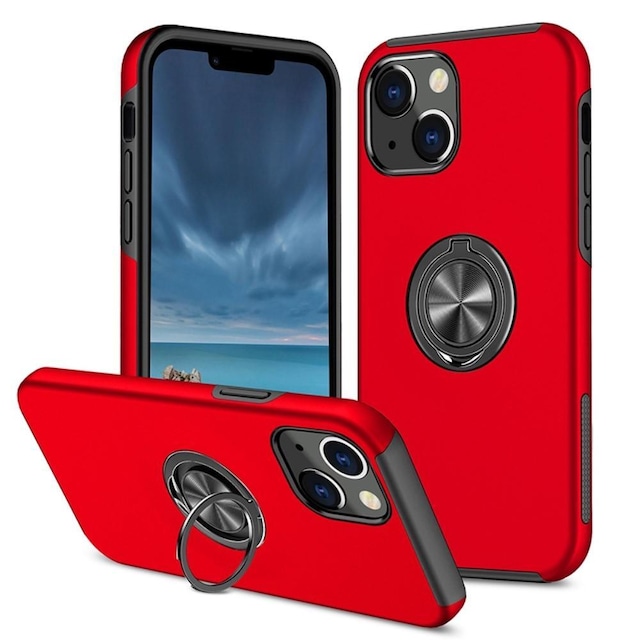 iPhone 14 Plus Fingerring Kickstand Hybrid Taske - Rød